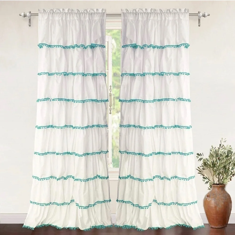 White and teal Pom Pom Curtains